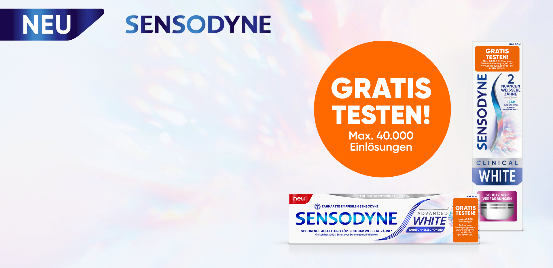Aktionsbild mit ein Aktions-Zahnpasta von Sensodyne. Ein Störer mit der Aufschrift „Gratis Testen. Maximal 40000 Einlösungen“