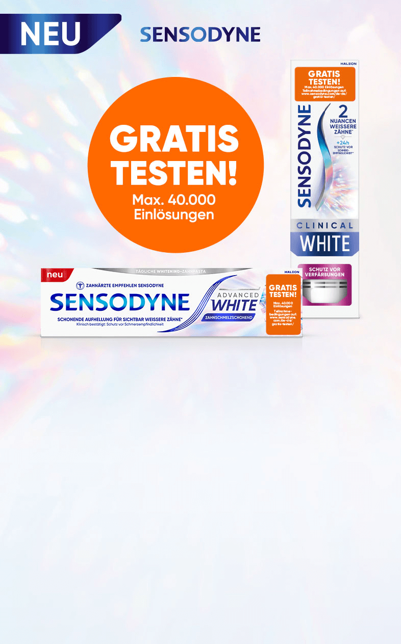 Aktionsbild mit ein Aktions-Zahnpasta von Sensodyne. Ein Störer mit der Aufschrift „Gratis Testen. Maximal 40000 Einlösungen“